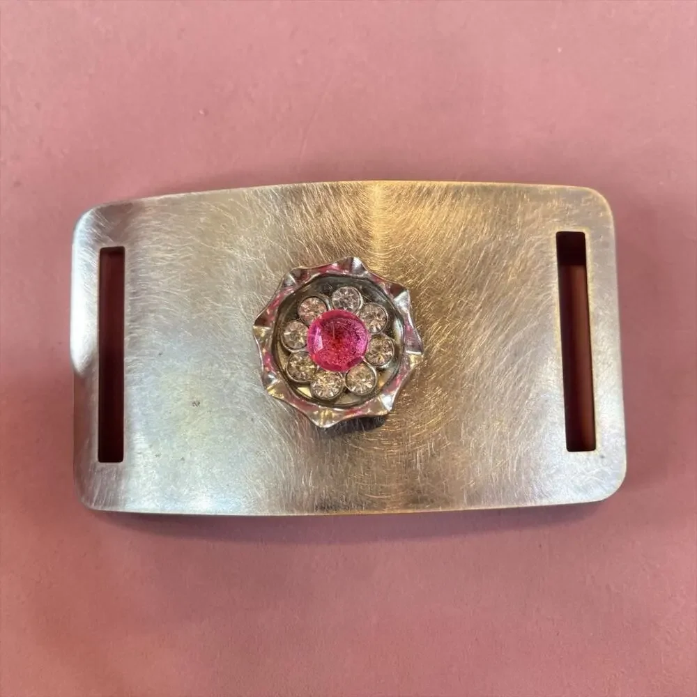 Mod Pink Rhinestone Flower Belt Buckle Silver Tone Statement 60s 70s